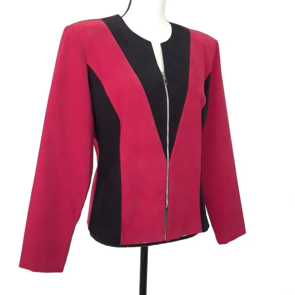 Vintage 1980s Red Black Micro Suede Zip Up Jacket - Picture 3 of 10